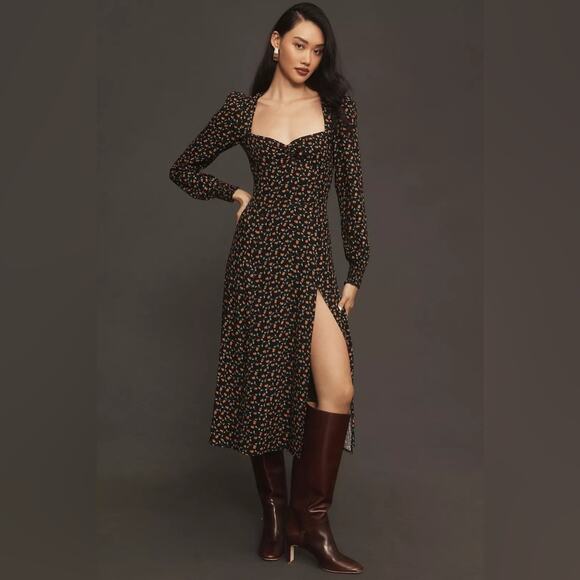 Reformation Black Floral Long Sleeve Sweetheart Neck Slit Hunt Midi Dress 0 - Picture 1 of 10